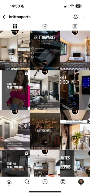Feed do Instagram @brittoaparts (Hospedagem), gerido pela iRobusti