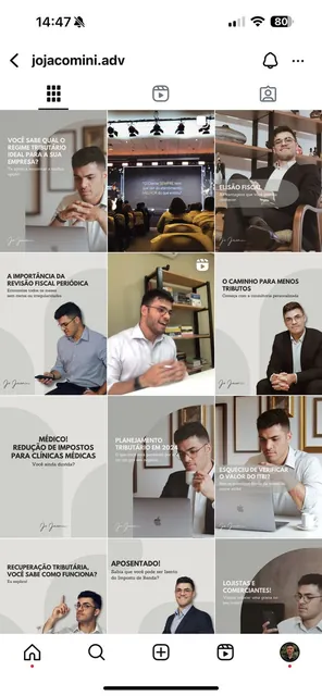 Feed do Instagram @jojacomini.adv (Advocacia tributária), gerido pela iRobusti